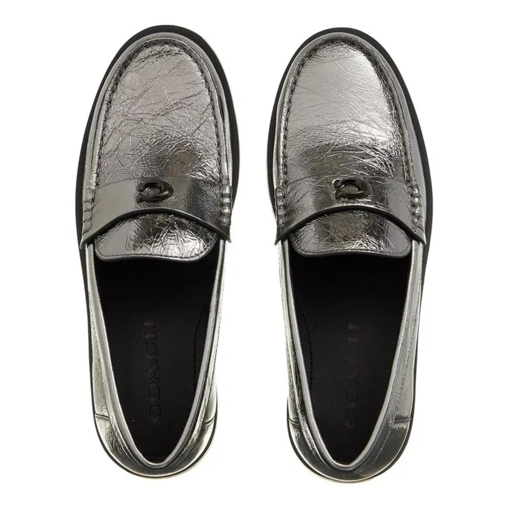 Coach Jocelyn Crinkle Leather Logo
Silver Loafers Size 6 NWT